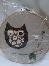 Owl In Hoop Picture Wall Hanging Applique Art Felt Buttons Sequin Fabric New