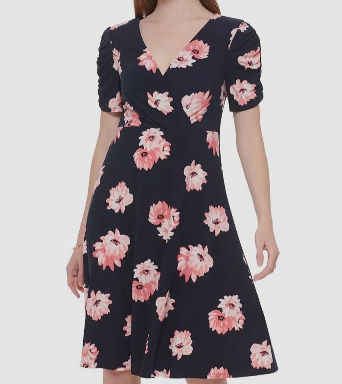 Tommy Hilfiger Women's Blue Floral-Print Ruched-Sleeve Dress Petite Size 6P