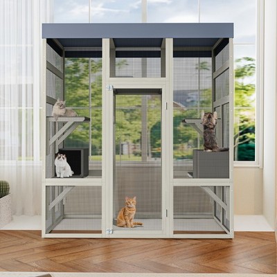 Outdoor Catio Large Cat House Play & Run Enclosure Outdoor Wooden Cage Platforms