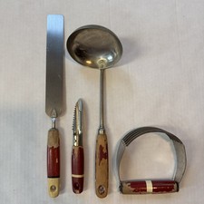 Lot Of 4 Vintage Farmhouse A J Red Wood Handle Kitchen Utensils Spatula Spoon.