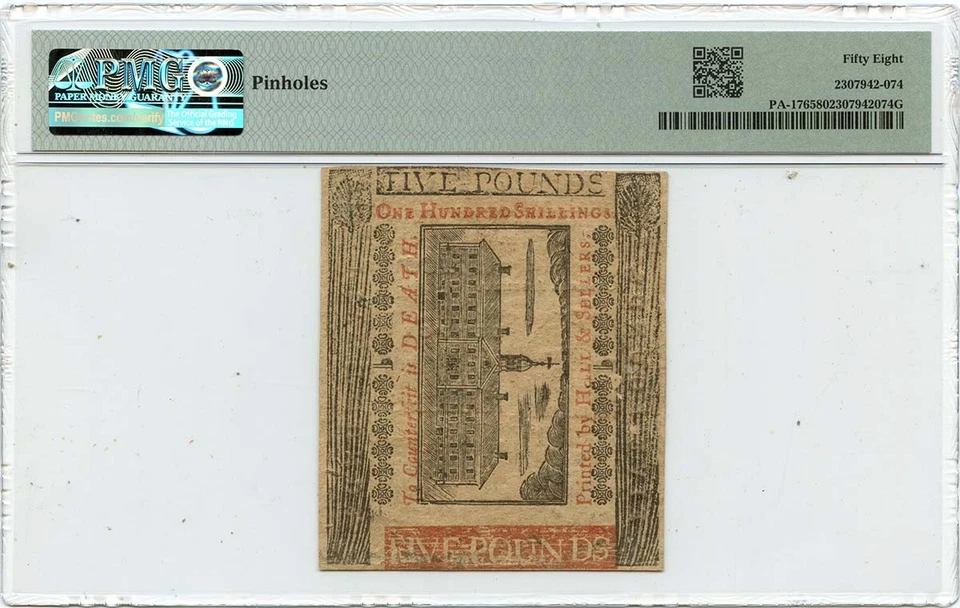 1775 April 10, 5 Pds Pennsylvania Colonial Note FR#PA-176 PMG AU58 Workhouse - Image 2 of 2