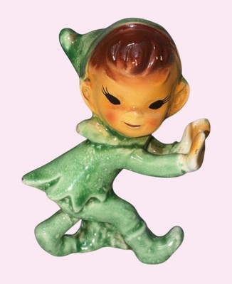 Ceramic Green Pixie Elf Figurine Glossy Finish 3 Inches Vintage