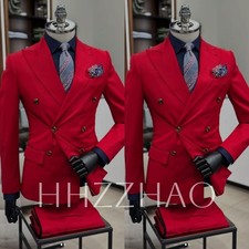Business Red Men's Suits Peak Lapel Double Breasted Formal Wedding Groom Tuxedo