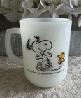 Vintage Fire King Peanuts Snoopy & Woodstock 1965 Milk Glass Coffee Mug 4" MINT