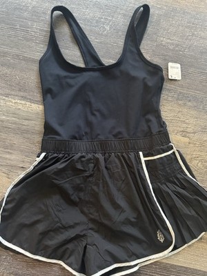 NWT FP Movement Free People Easy Tiger Shortsie Romper Women s Black White Large