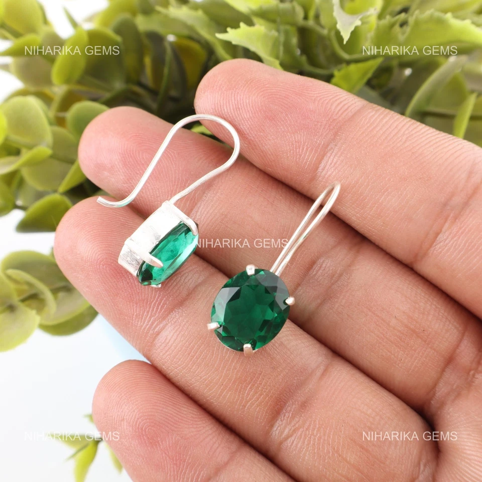 925 Silber Ovale Kunstdiamanten Grün Smaragd Edelstein Haken Lang Handgefertigt - Bild 4 von 4