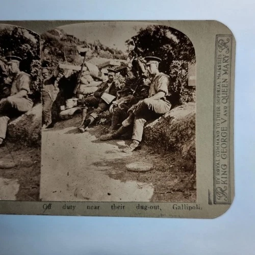 WW1 Military Stereoview C1916 Real Photo Turkey Gallipoli Tommy Dug Out Rest