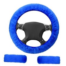3 PCS Fluffy Steering Wheel Cover Set, 15'' Furry Car Wheel Cover, 2 Seat blue