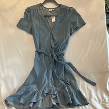 Gap Blue Denim Wrap Dress V-Neck Short Sleeve Ruffle Tie Waist Short Size S
