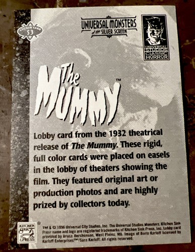 THE MUMMY KARLOFF 1996 Universal Monsters Silver Screen Sticker Card #S3 NM-M 😎 - Picture 2 of 2