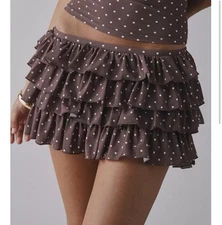 NEW Out From Under Cammy Ruffle Trim Micro Skort BROWN POLKA DOT UO SIZE XS