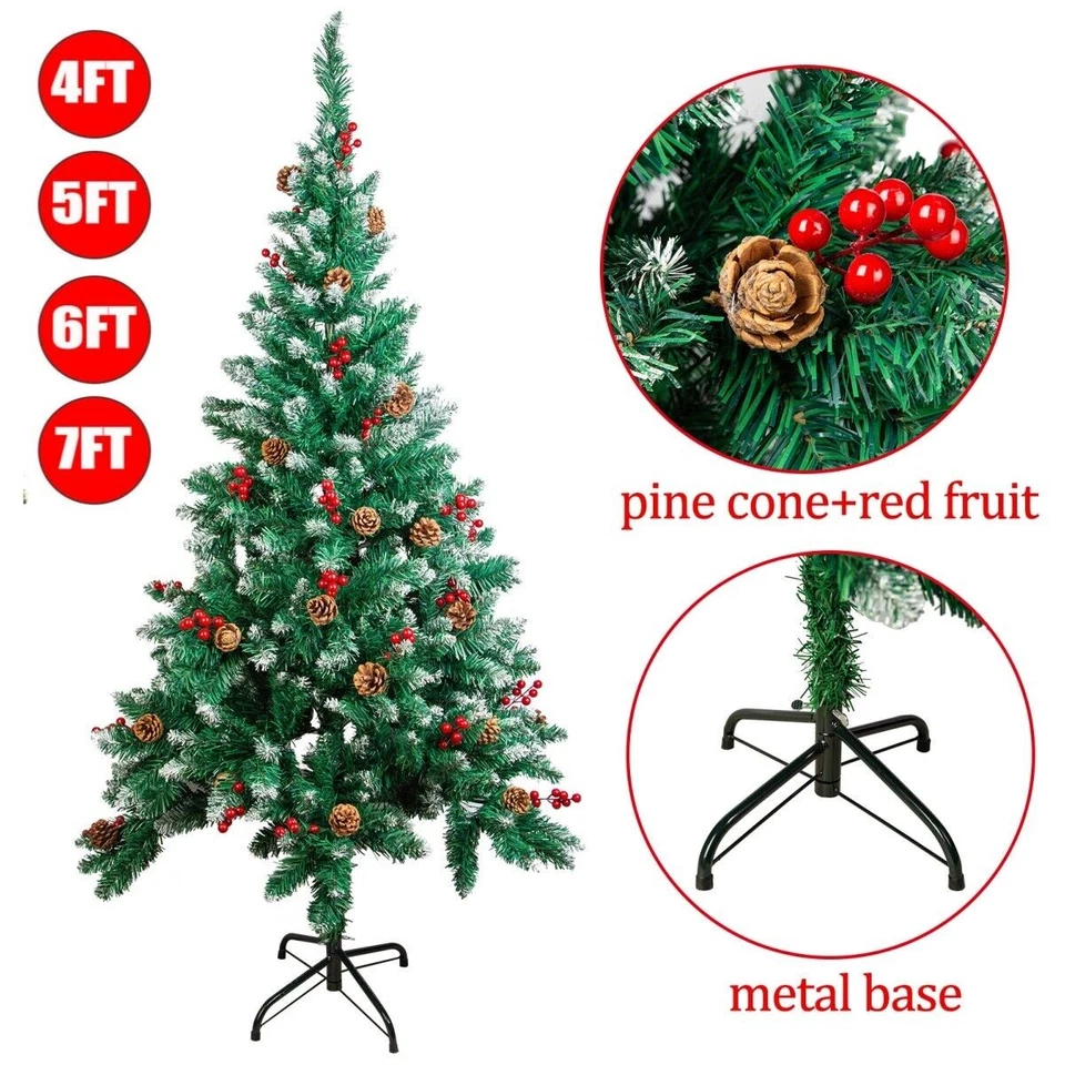 Árbol de Navidad 4/5/6/7FTSnow puntas flocadas con piña baya roja decoración de Navidad Foto 2 de 4