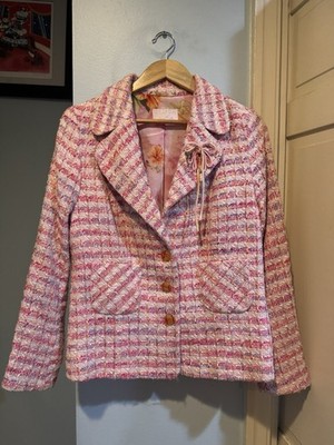 Escada Women s Pink Tweed Blazer Jacket With Floral Accents Size Medium