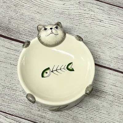 Ceramic Sleeping Cat Bowl with Fish Bone - 3D Sculpted Pet Food Dish 7''