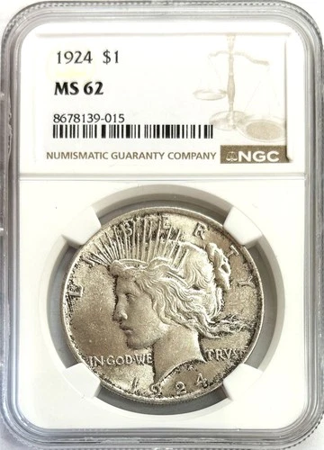 1924 US SILVER PEACE DOLLAR $1 COIN NGC MINT STATE 62 MS 62