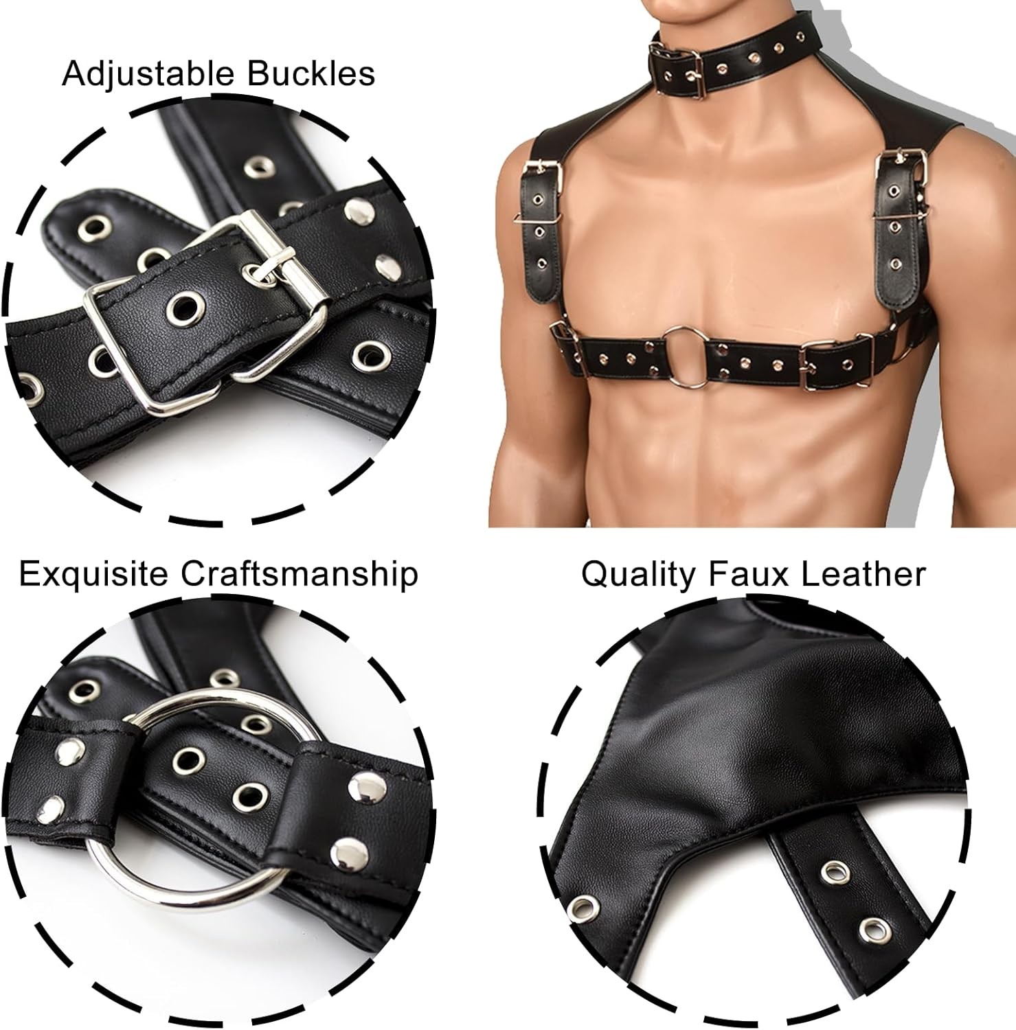 Men's Body Chest Harness Belt, Adjustable Faux Patent Leather Neck Collar Choker