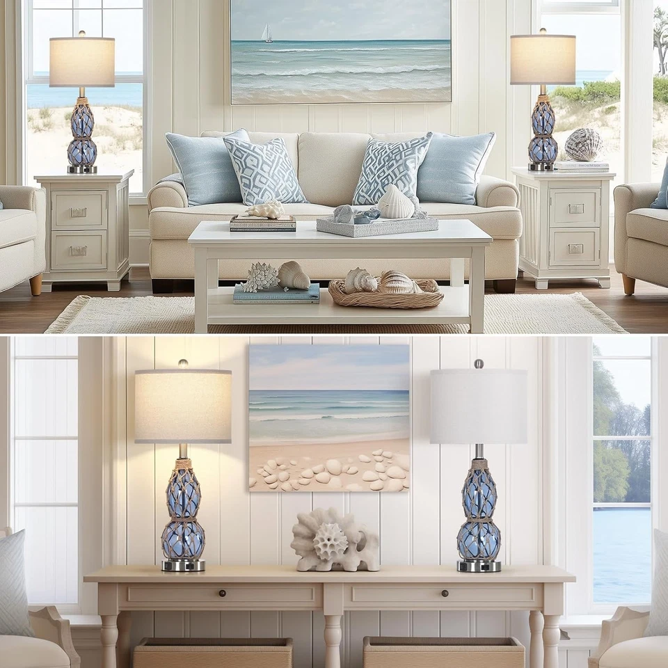 Juego de 2 lámparas de mesa de vidrio costero de 26" regulables de 3 vías con po... Foto 3 de 4