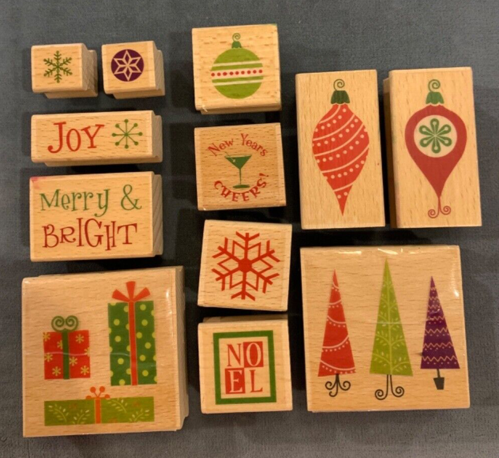 12 Rubber Stamps Wood Mounted Christmas Theme Ornaments Trees Saysings