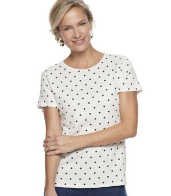 NEW Croft & Barrow Classic Tee Shirt White Black Polka Dot Women's Top XL