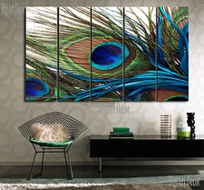 PEACOCK FEATHER framed/mounted MDF wooden 5 piece canvas art/surpassed stretched