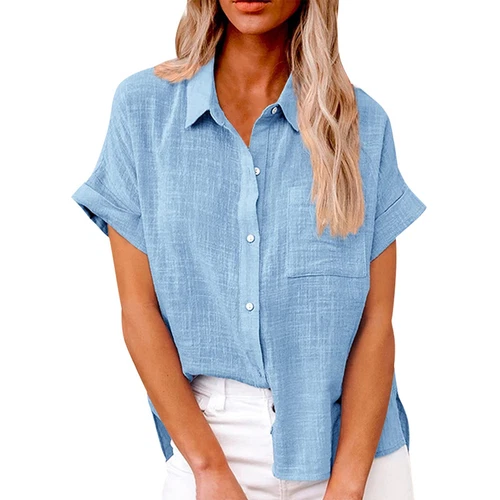 Womens Cotton Linen Casual Blouse Ladies Button T Shirt Short Sleeve Tops - Bild 43 von 72