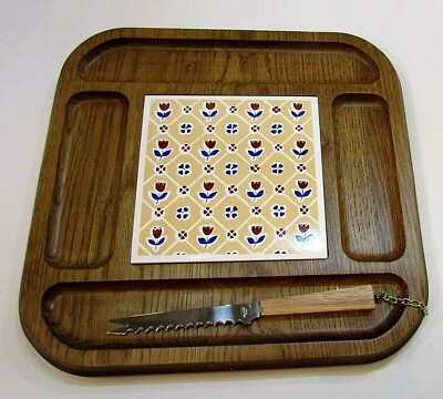 Vintage 1980's Oak Wood Floral 12'' Square Ceramic Tile Cheese Tray Cutting Board