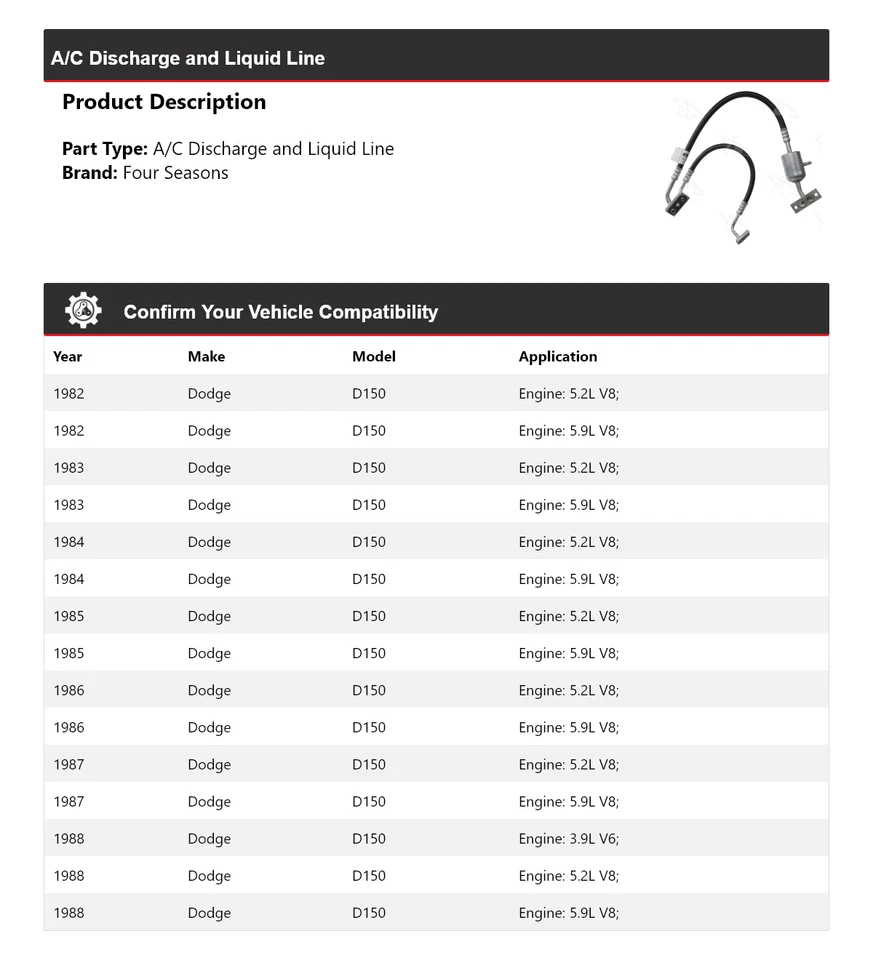 Para Dodge D150 1982-1988 A/C descarga y línea líquida 4 temporadas 1983 1984 1985 Foto 2 de 4