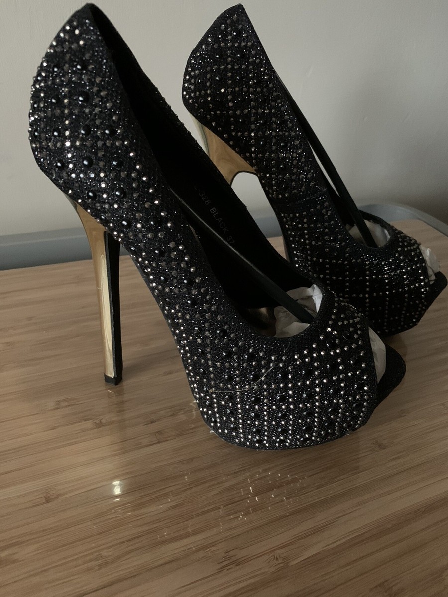 Black Studded Peep Toe Stiletto Shoes Gold Mirror Effect Heels Uk