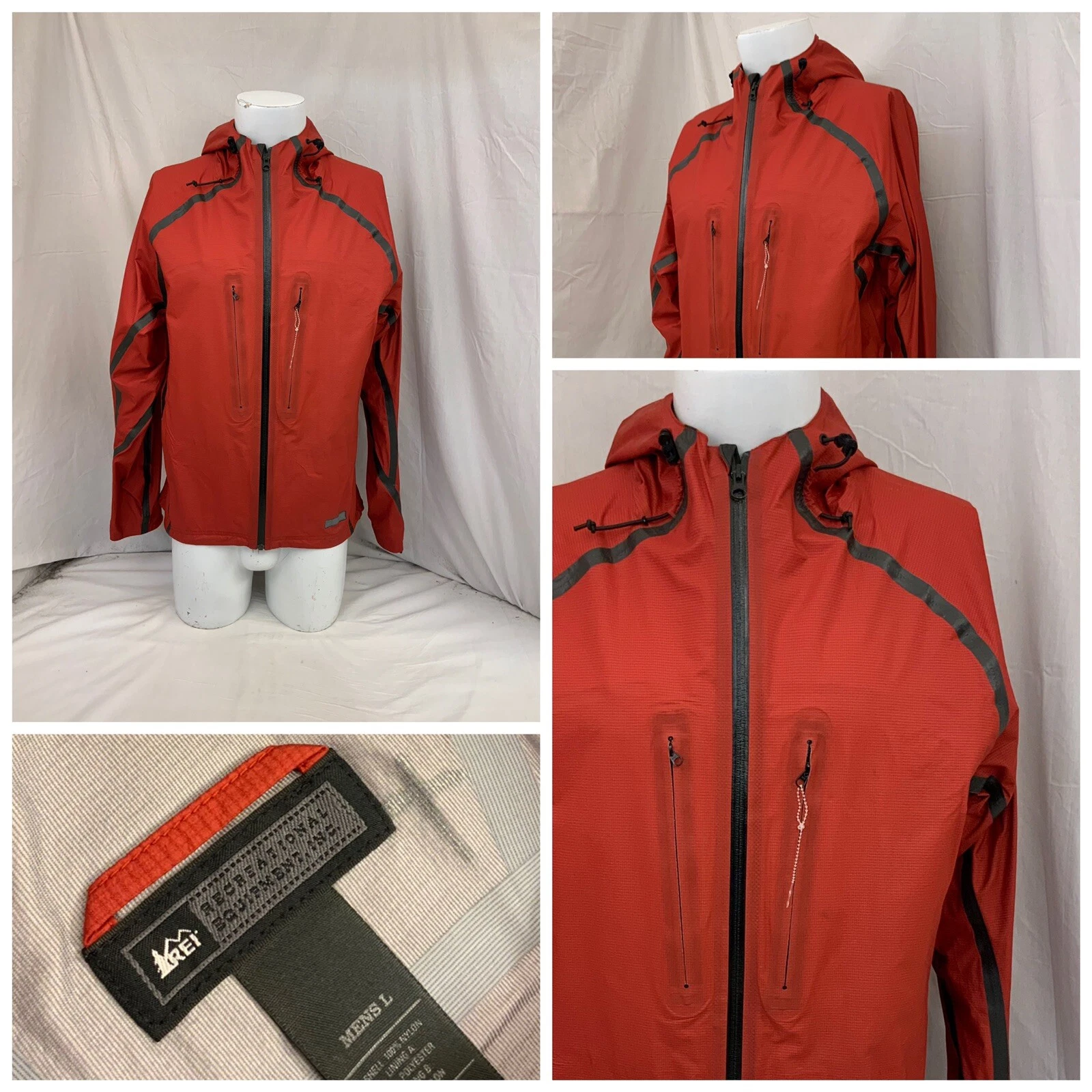 REI Jacket L Red Full Zip Nylon Poly Hood Water Wind Resistant YGI Y1-871
