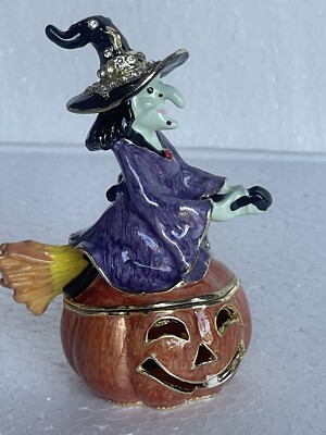 Jeweled Hand Crafted Pumpking & Witch Trinket Box Made with Swarovski Crystals