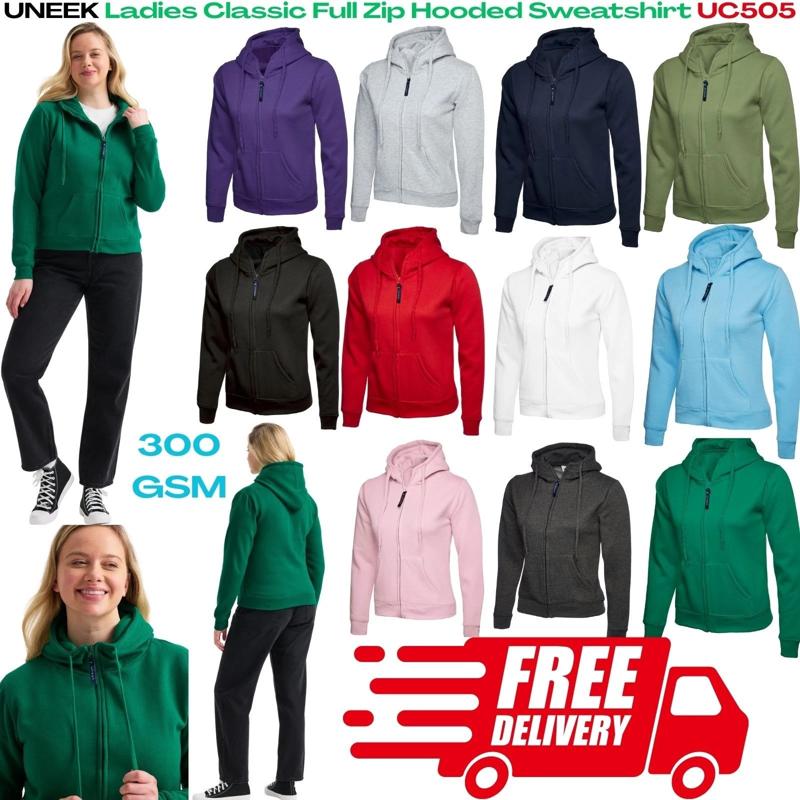 Uneek UC505 Ladies Classic Full Zip Hoodie XS–3XL | Soft Cotton Blend Hooded