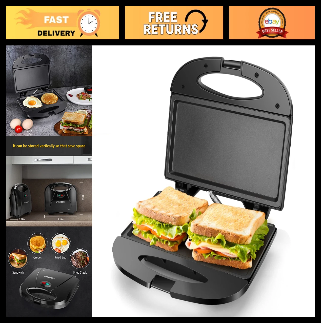 Compact Electric Sandwich Maker, Non-Stick Deep Grid, Ideal for Eggs & Steaks, E
