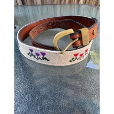 Vintage Golf Needlepoint Belt Mens 32 Leather Brass Buckle Golfing Preppy Cream