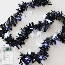 Halloween Decorations Tinsel Garland with White Ghost Fairy Lights 6.6Ft, Shiny