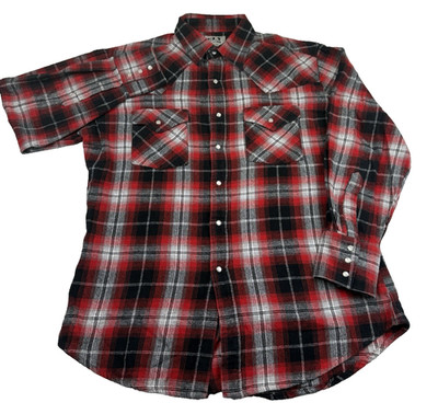 Ely Cattleman Long Sleeve Textured Plaid Western Snap Shirt Men M Red Cowboy