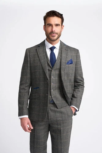 Cavani Mens Grey Herringbone Check Tweed Wool Blend 3 Piece Suit PRP 199.99