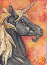 ACEO original Watercolor Art Card HORSE FANTASY gold/black unicorn on lava reds
