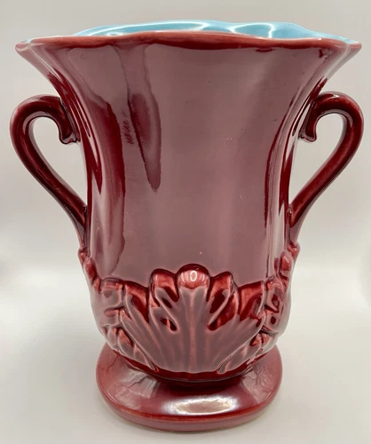 Vintage Red Wing Pottery Loop Handled Vase Acanthus Leaves Plum Inside Turquoise