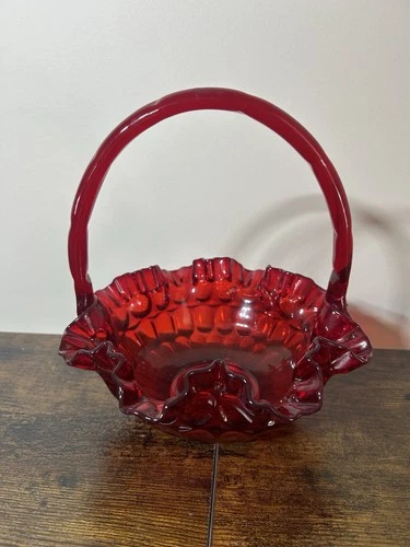 Vintage Fenton Ruby Red Rose Pattern Glass Basket