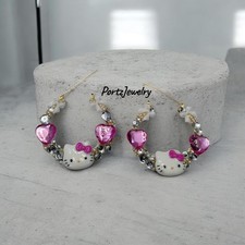 Hello Kitty Pink Heart Hoop Earrings Beaded Resin Cartoon Theme