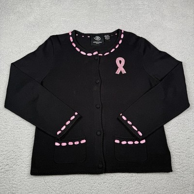 Michael Simon Breast Cancer Awareness Sweater Women L Black Pink Ribbon Cardigan
