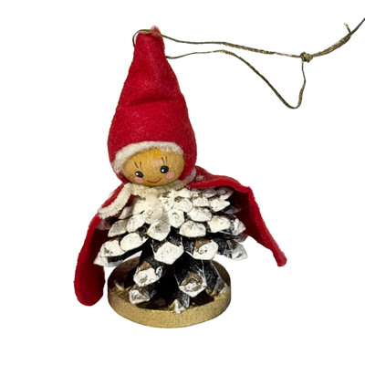 Vintage Pinecone Elf Ornament Figurine Red Felt Hooded Cape Wood Head Christmas
