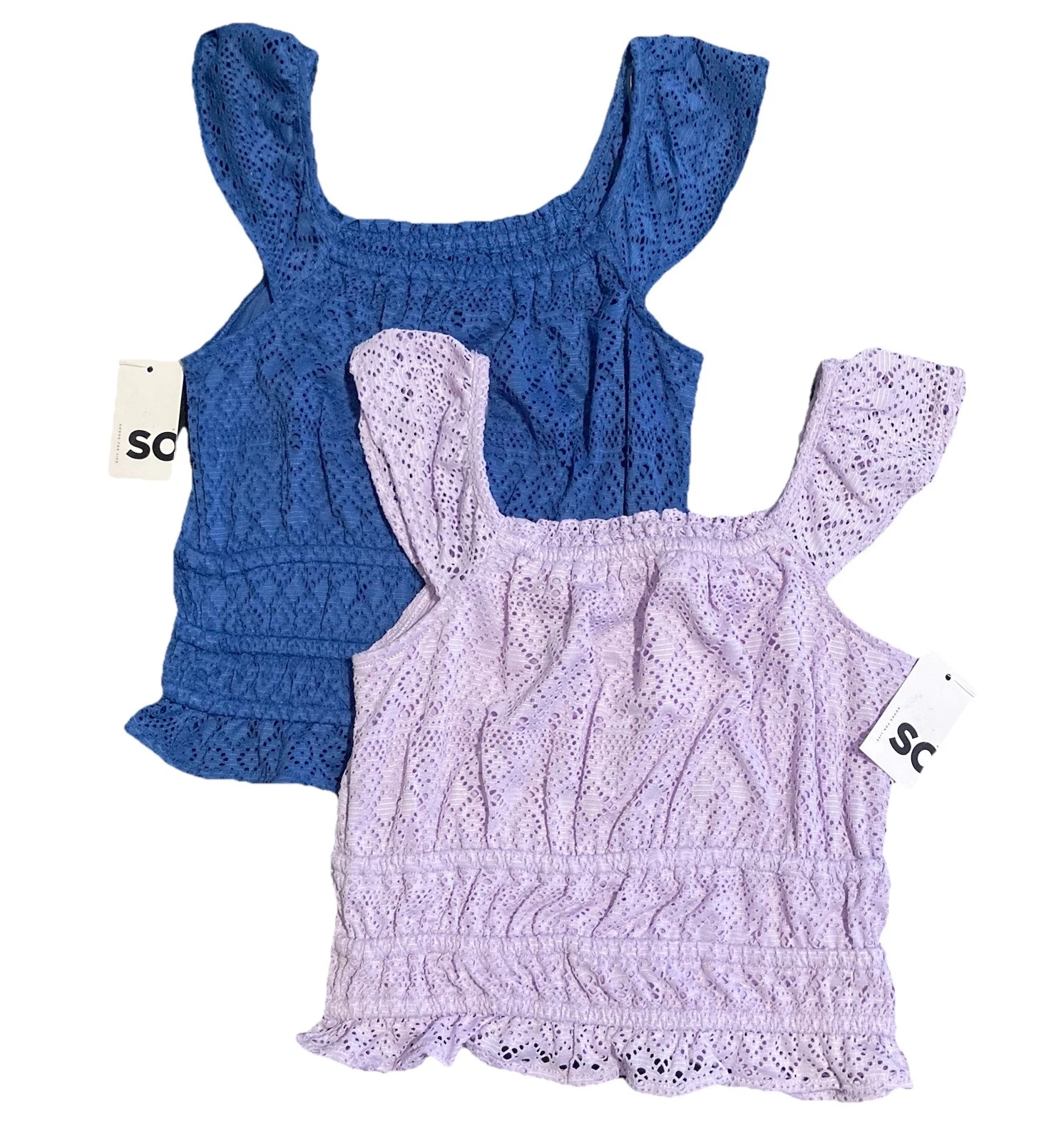 So Flutter Sleeve Girls Crochet Tops Lot Of Two Size Large Blue Purple Vacation