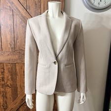 Ann Taylor Herringbone Blazer Jacket sz 2 Beige Oatmeal Single Button Tailored