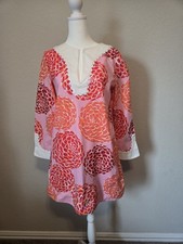 Lesley Evers Pink Orange Floral Cotton Shift Dress Scalloped Trim Long Sleeve XS
