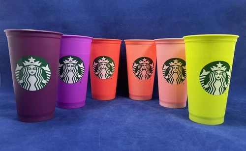 6 Starbucks Cups Plastic Reusable Pastel Neon No Lids Stackable