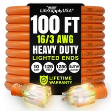 100ft Heavy Duty Extension Cord 16/3, Waterproof, Flexible, 10A 125V, Orange