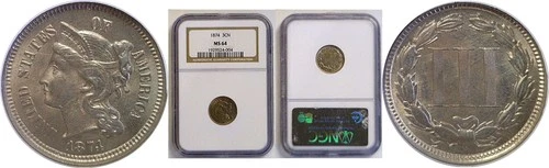 1874 3C Nickel Three Cent NGC MS-64