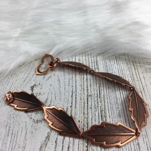 Vintage Solid Copper Leaf Bracelet with Stamped C… - image 2
