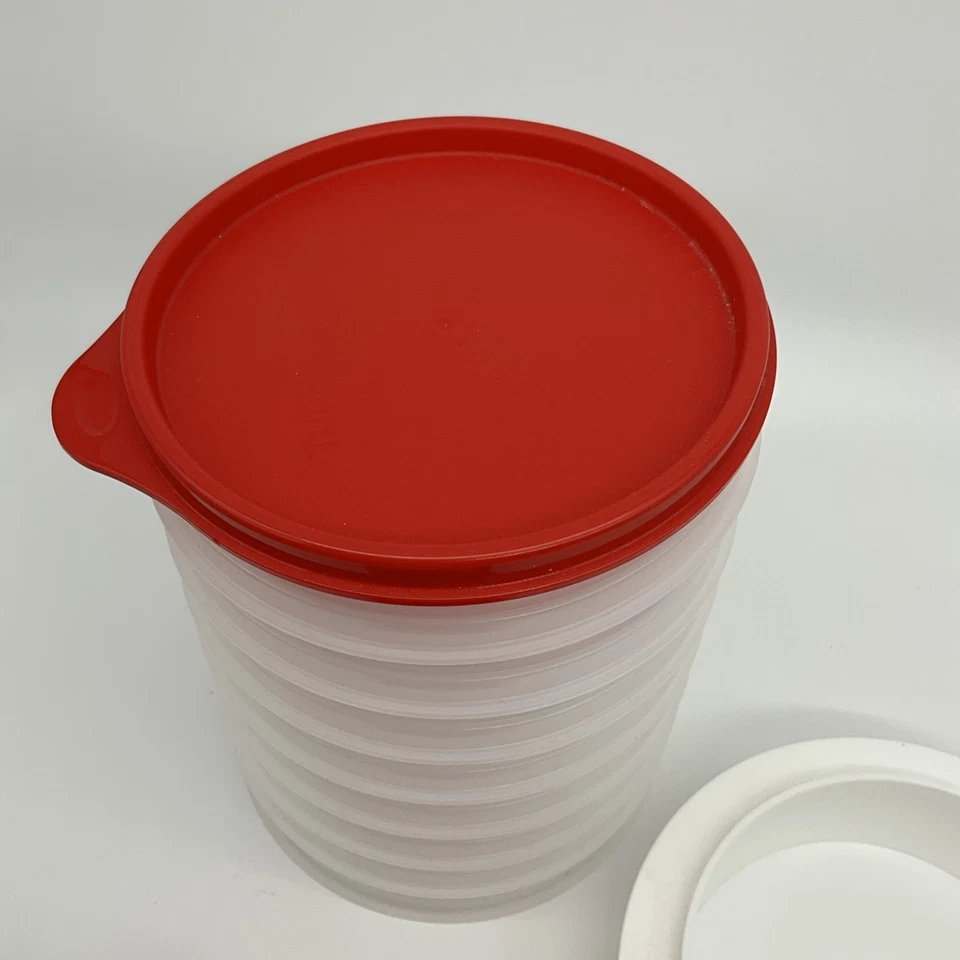 Tupperware Hamburger Press Patty Maker with 8 Freezer Keepers One Lid Red White - Image 4 of 4